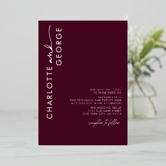 Minimalistische moderne elegante Bourgondische zil Folie Uitnodiging (Staand Voorkant)