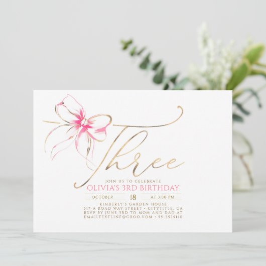 Minimalistische Moderne Elegante Roze Strik 3e Ver Kaart (Staand voorkant)