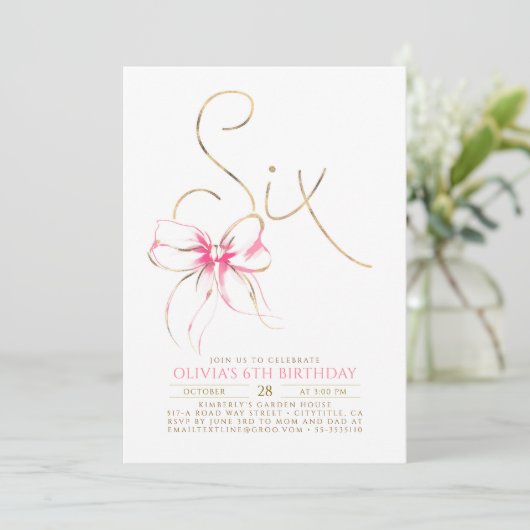 Minimalistische Moderne Elegante Roze Strik 6e Ver Kaart (Staand voorkant)