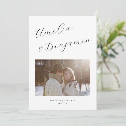 Minimalistische moderne elegante script kalligrafi save the date (Staand voorkant)