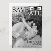 Minimalistische, moderne, elegante zwart-wit foto save the date (Voorkant / Achterkant)