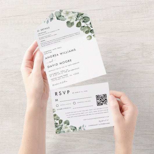 Minimalistische moderne eucalyptus RSVP QR-code br All In One Uitnodiging (Afscheurbaar)
