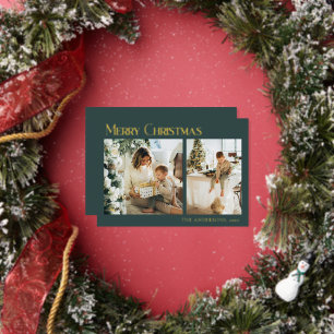Minimalistische moderne familiefoto groene Kerstmi Folie Feestdagenkaart