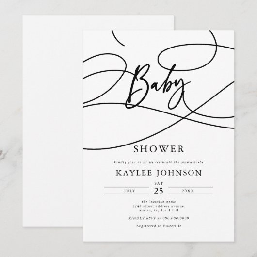 Minimalistische Moderne Fancy Script "Baby"-Feestj Kaart (Voorkant / Achterkant)