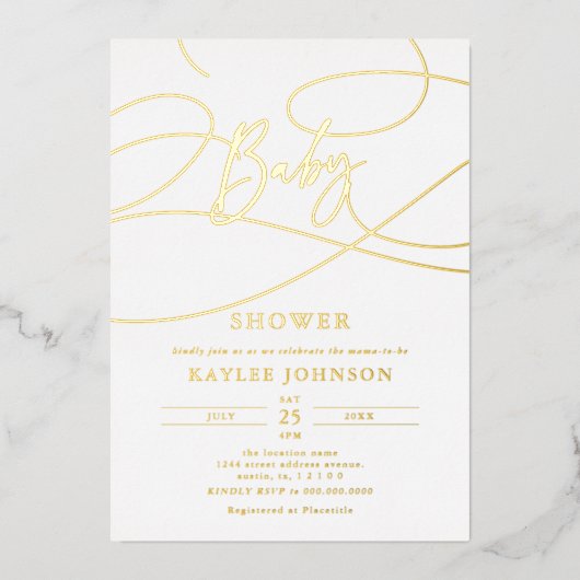Minimalistische moderne fancy script "Baby" Shower Folie Uitnodiging (Voorkant)
