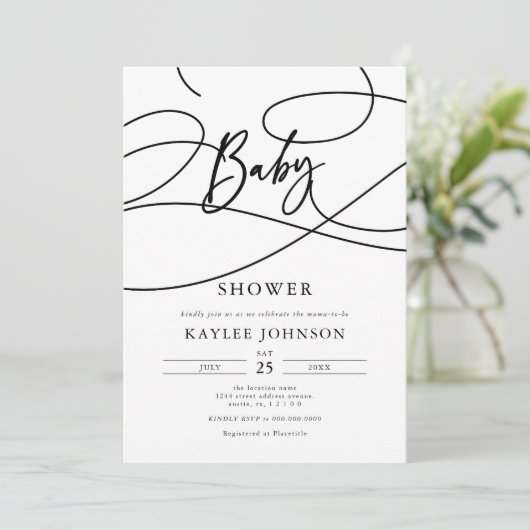 Minimalistische Moderne Fancy Script "Baby"-Shower Kaart (Staand voorkant)