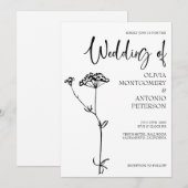Minimalistische moderne Floral Zwart-wit bruiloft Kaart (Voorkant / Achterkant)