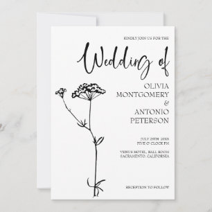 Minimalistische moderne Floral Zwart-wit bruiloft Kaart