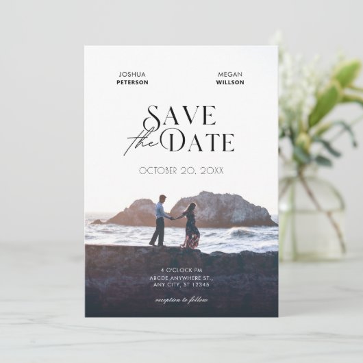 Minimalistische moderne foto bruiloft save the date (Staand voorkant)