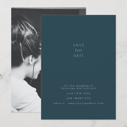 Minimalistische moderne foto Elegant Dark Blauwgro Save The Date (Voorkant / Achterkant)