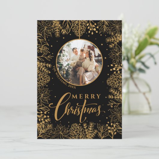 Minimalistische moderne foto kerst zwart feestdagenkaart (Staand voorkant)