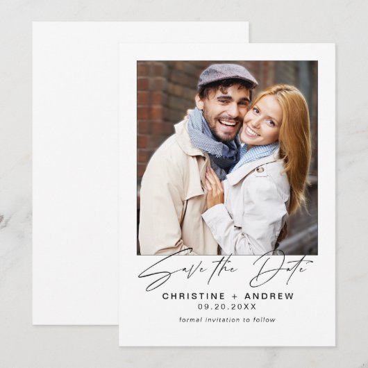 Minimalistische moderne fotoscript bruiloft save the date (Voorkant / Achterkant)