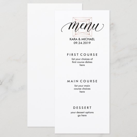 Minimalistische moderne geometrische diamant bruil menu (Voorkant / Achterkant)