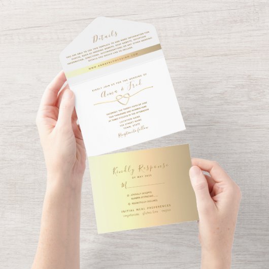 Minimalistische moderne gouden bruiloft all in one uitnodiging (Afscheurbaar)