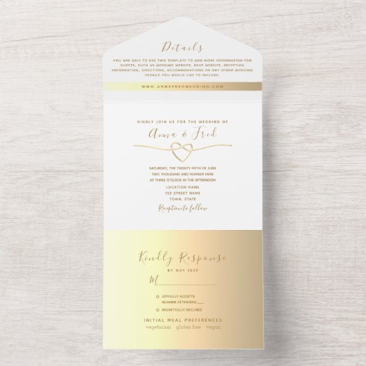 Minimalistische moderne gouden bruiloft all in one uitnodiging (Binnen)