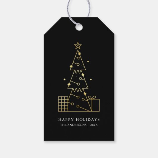 Minimalistische Moderne Gouden Kerstboom Chic Zwar Cadeaulabel (Voorkant)