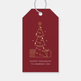 Minimalistische moderne gouden kerstboom rood cadeaulabel