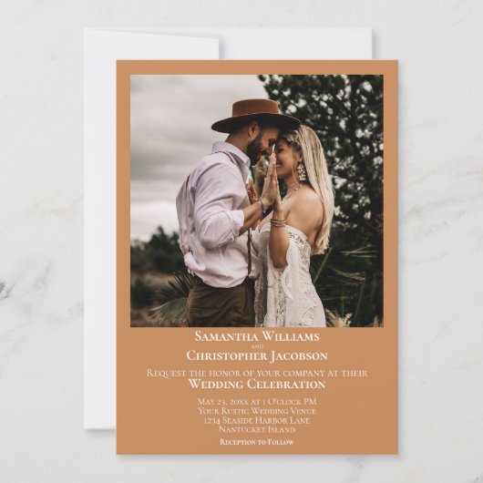 Minimalistische moderne gouden tan foto bruiloft kaart (Voorkant)