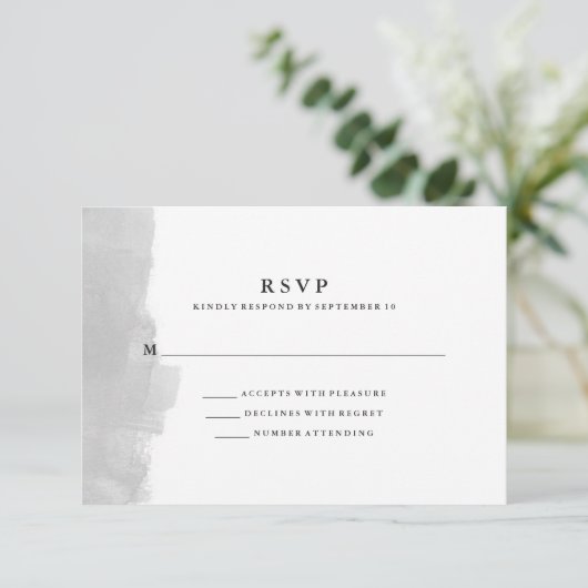 Minimalistische moderne grijze waterverfspat RSVP (Staand voorkant)