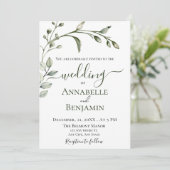 Minimalistische moderne groene en witte bloemenbru kaart (Staand voorkant)