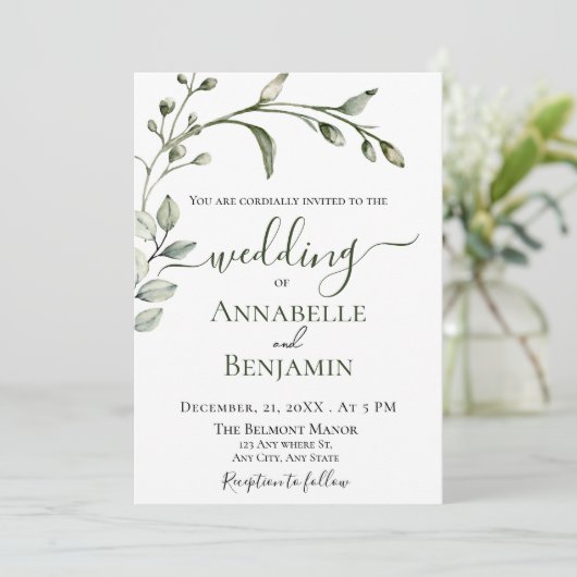 Minimalistische moderne groene en witte bloemenbru kaart (Staand voorkant)