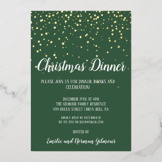 Minimalistische moderne groene kerstdiner goud folie uitnodiging (Voorkant)