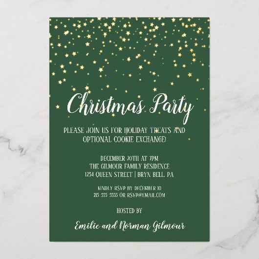 Minimalistische moderne groene kerstfeest goud folie uitnodiging (Voorkant)