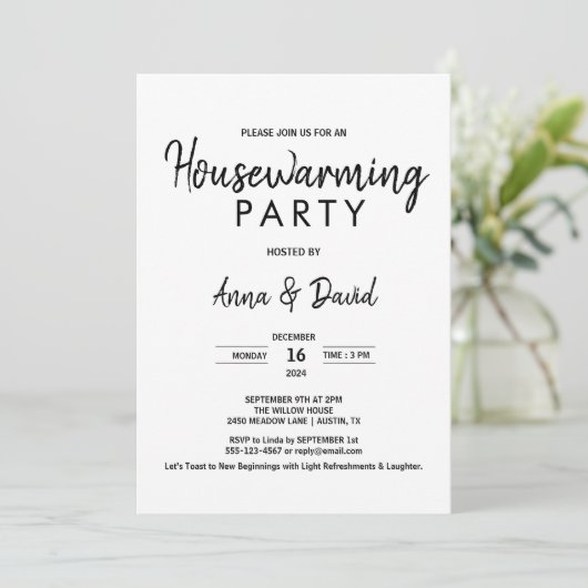 Minimalistische moderne housewarming party zwart e kaart (Staand voorkant)