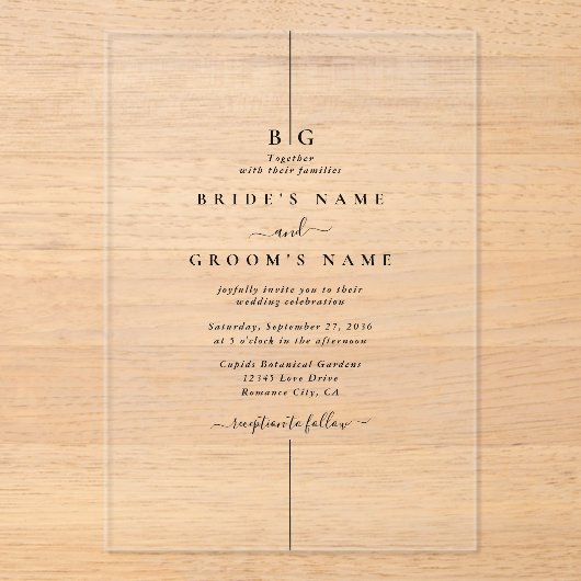 Minimalistische moderne inline monogram bruiloft acryl uitnodigingen (Voorkant)