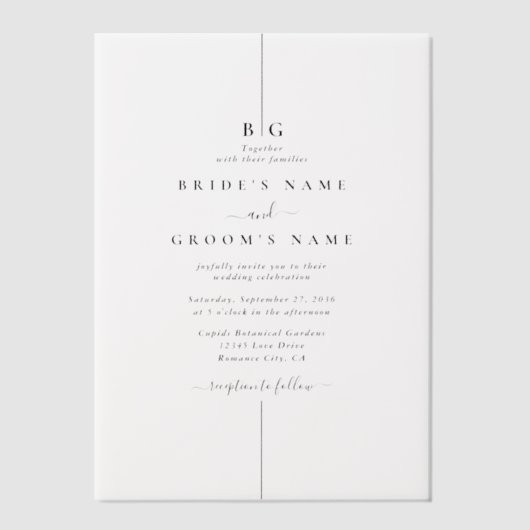 Minimalistische moderne inline monogram bruiloft vellum uitnodigingen (Voorkant)