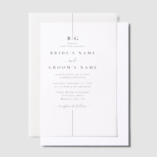 Minimalistische moderne inline monogram bruiloft vellum uitnodigingen (Offset)