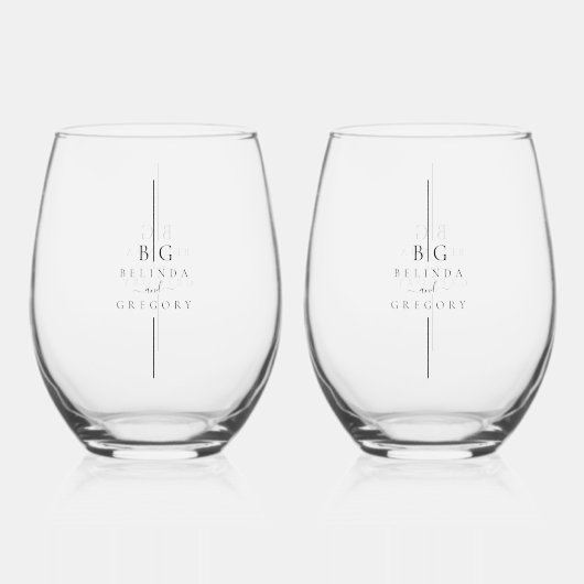 Minimalistische moderne inline monogram bruiloft wijnglas zonder voet (Voorkant)