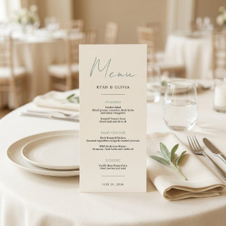 Minimalistische moderne ivoor & saliegroene trouw menu