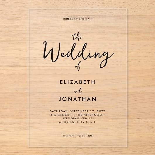 Minimalistische moderne kalligrafie bruiloft acryl uitnodigingen (Voorkant)