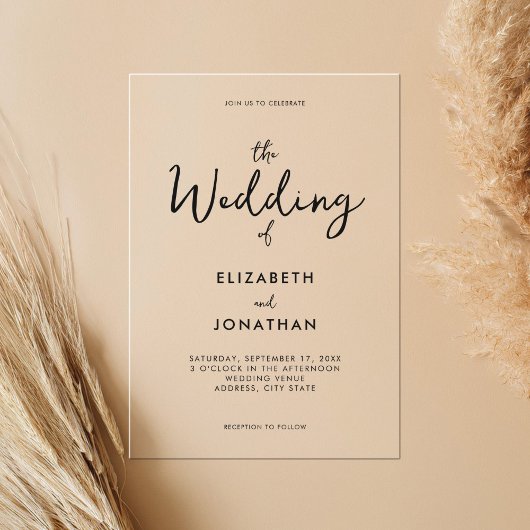 Minimalistische moderne kalligrafie bruiloft acryl uitnodigingen