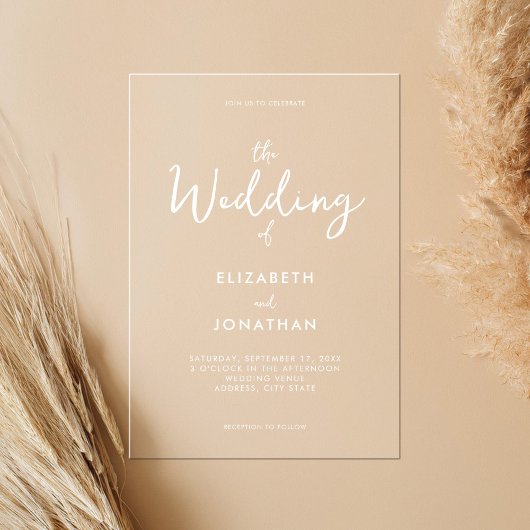 Minimalistische moderne kalligrafie bruiloft acryl uitnodigingen