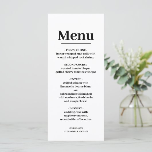 Minimalistische moderne kalligrafie bruiloft menu (Staand voorkant)
