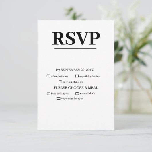 Minimalistische moderne kalligrafie bruiloft RSVP kaartje (Staand voorkant)