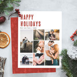 Minimalistische moderne kerstfotocollage feestdagenkaart<br><div class="desc">Deze prachtige familiefotocollage 'Happy Holidays'-kerstkaart biedt een plek waar u uw namen kunt toevoegen, en een bericht op de achterkant in elegante typografie, evenals ruimte voor u om uw eigen fotomontage toe te voegen (met ruimte voor zeven foto's). De achterkant heeft ook een modern rood kerstboompatroon, dat de kaart prachtig...</div>
