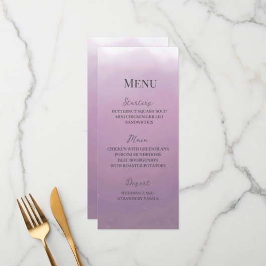 Minimalistische moderne lavendel Ombré bruiloft Menu (Voorkant / Achterkant in situ)