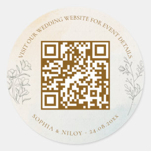 Minimalistische moderne lijnen kunst Huwelijks QR- Ronde Sticker