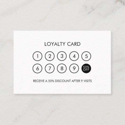 Minimalistische moderne loyaliteitskorting zwart e klantenkaartje (Voorkant)