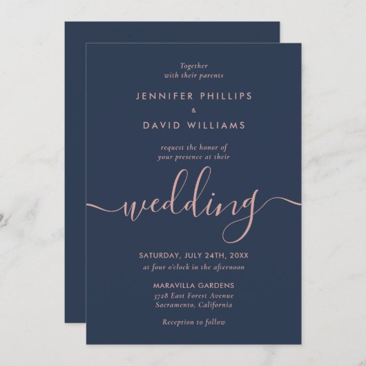 Minimalistische moderne Manuscript Navy and Blush  Kaart (Voorkant / Achterkant)