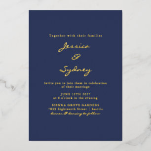 Minimalistische moderne marineblauwe script bruilo folie uitnodiging
