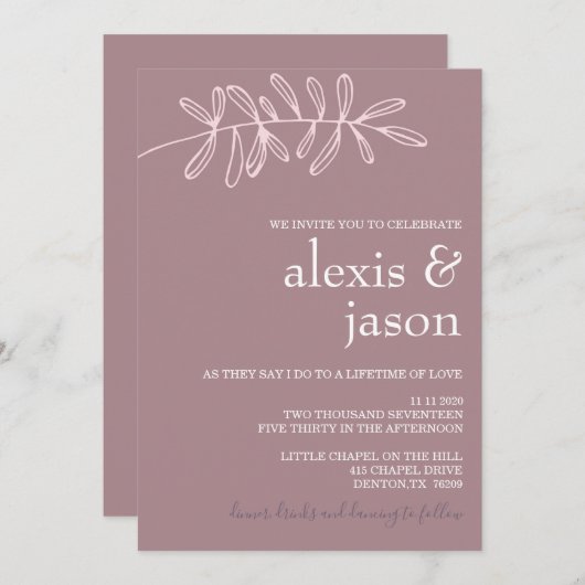 Minimalistische moderne Mauve Bloemen bruiloft Kaart (Voorkant / Achterkant)