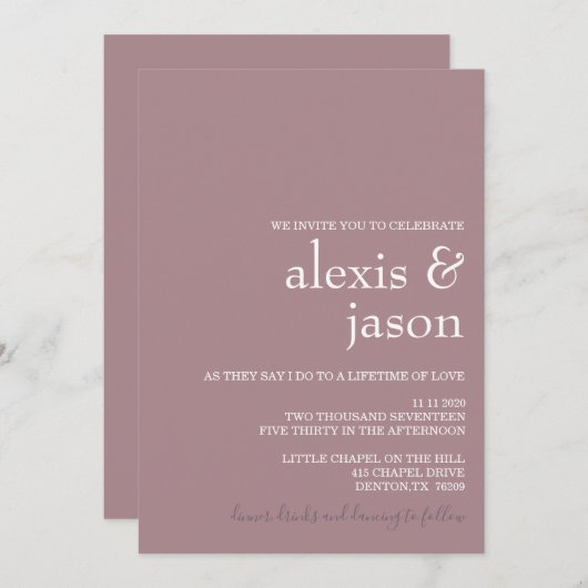 Minimalistische moderne Mauve bruiloft Kaart (Voorkant / Achterkant)