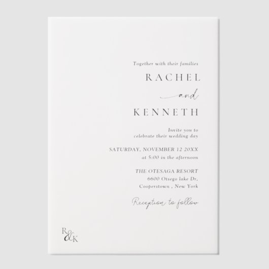 Minimalistische moderne monogram bruiloft vellum uitnodigingen (Voorkant)