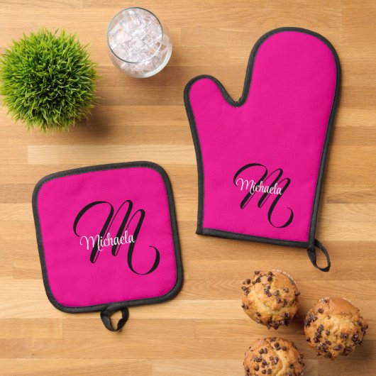Minimalistische moderne monogram initiaal naam hot ovenwant & pannenlap set (Top down)
