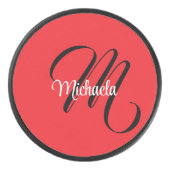 Minimalistische moderne monogram initiaal naam roo hockey puck (Voorkant)