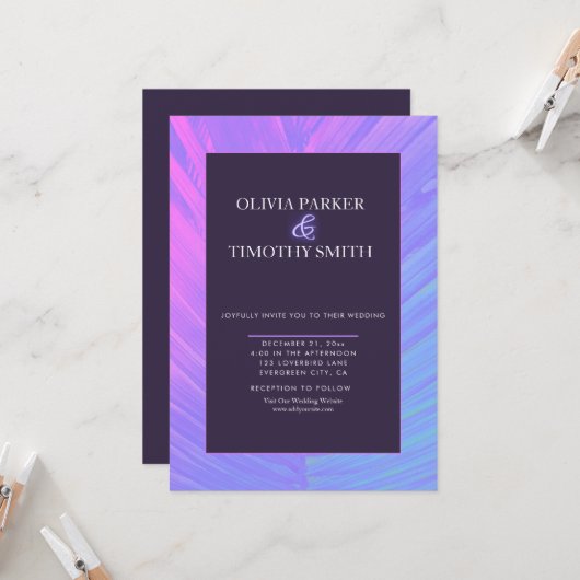 Minimalistische moderne neon tropische palmbruilof kaart (Voorkant / Achterkant in situ)